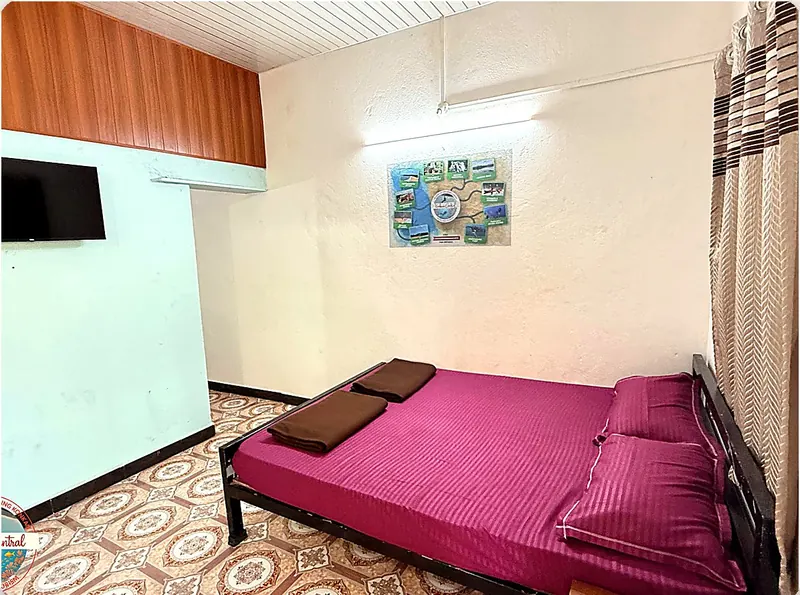 Room 2 at Konkan Central Homestay, Kankavli: queen bed and mint green wall